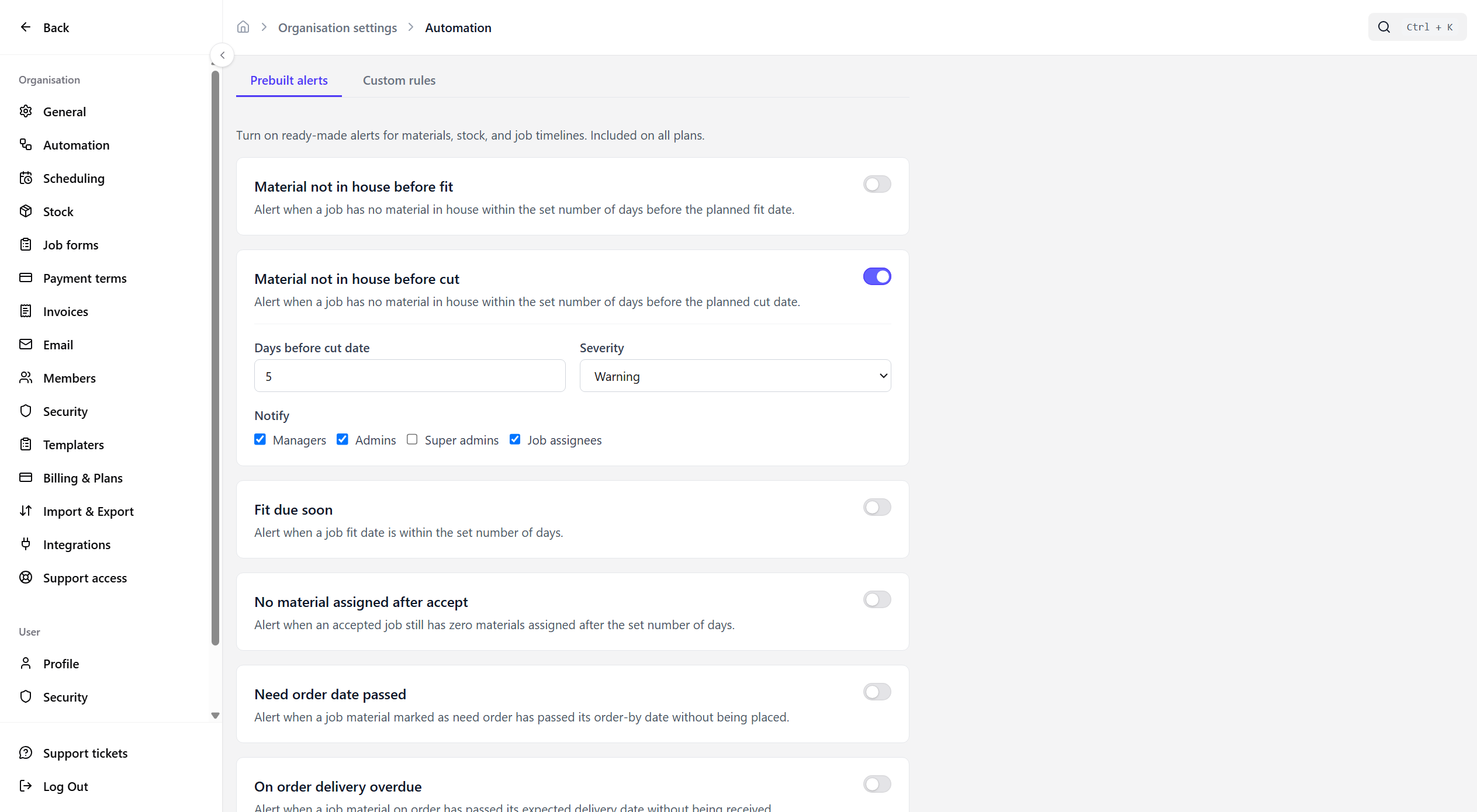 CutBench automation rules showing shop alerts and custom follow-up settings
