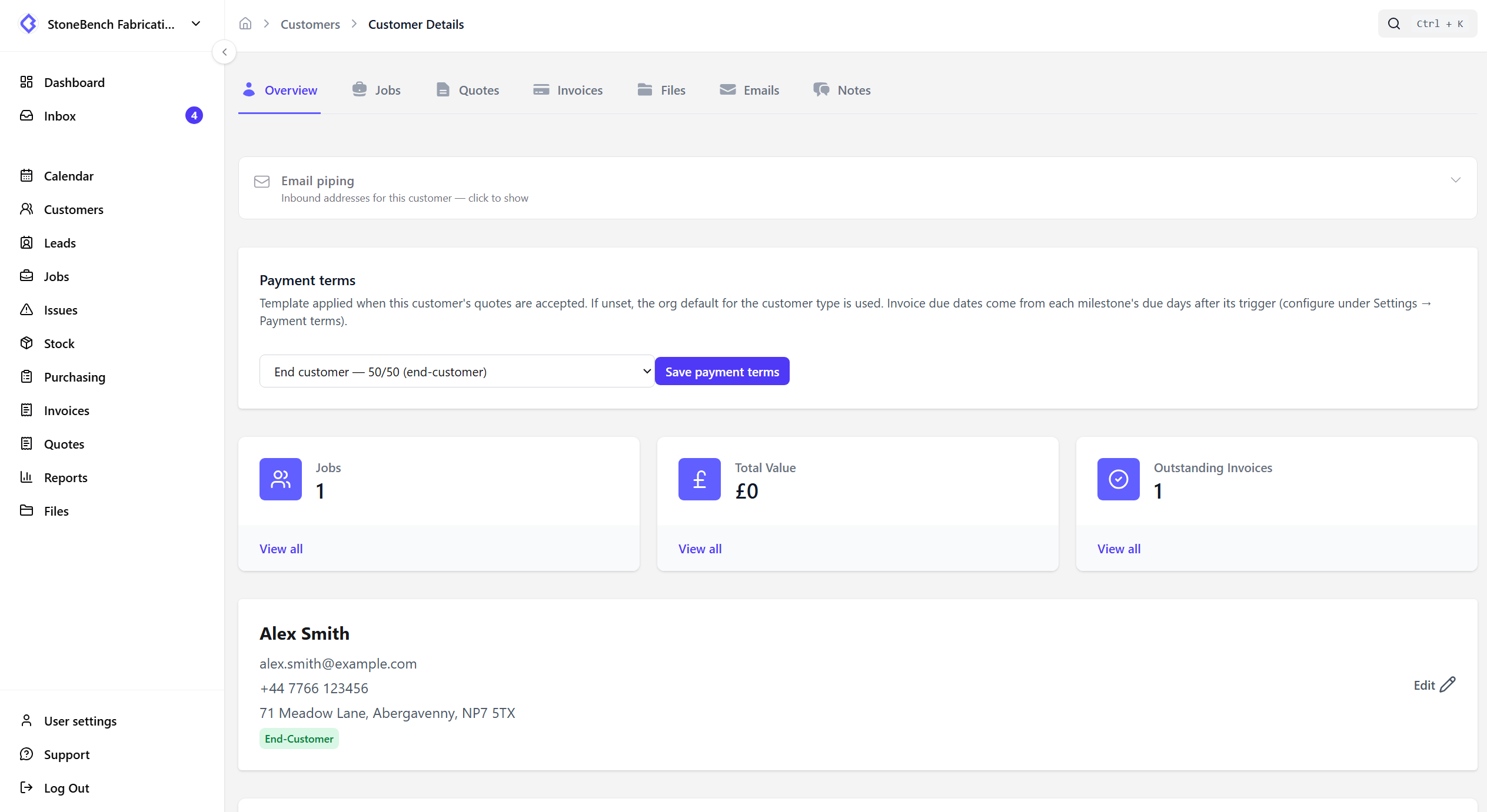 CutBench customer record showing jobs, quotes, invoices, and notes together