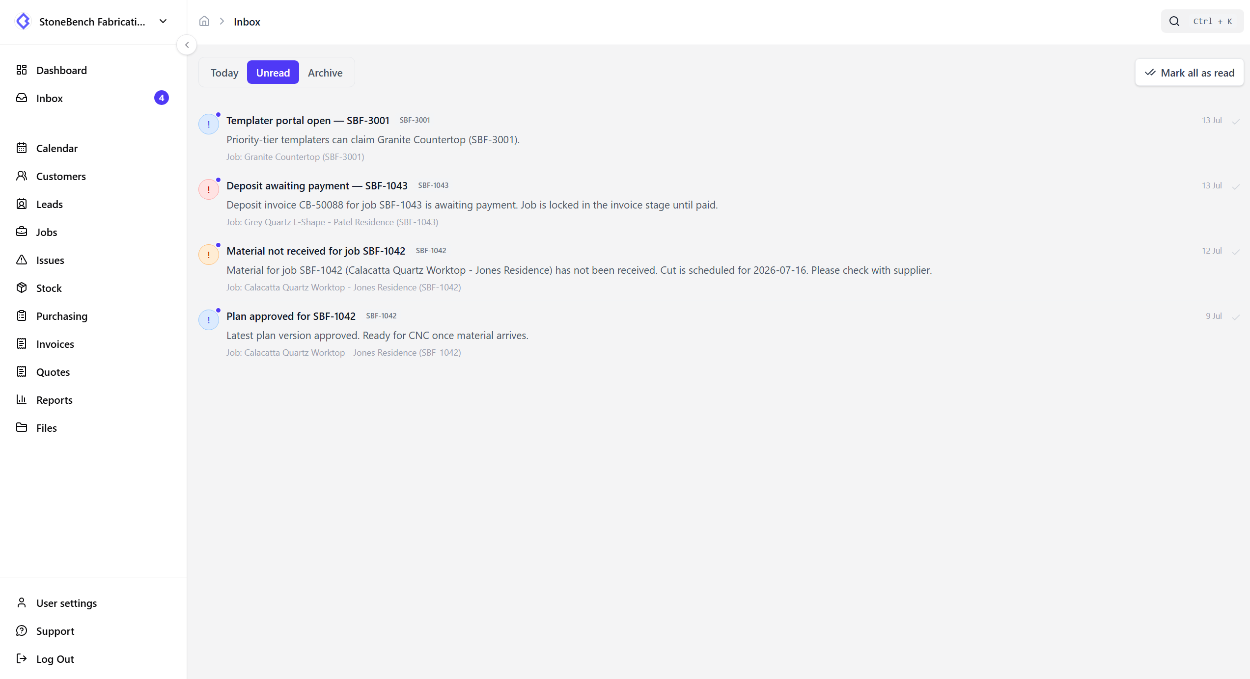 CutBench inbox showing assignments, mentions, and job alerts