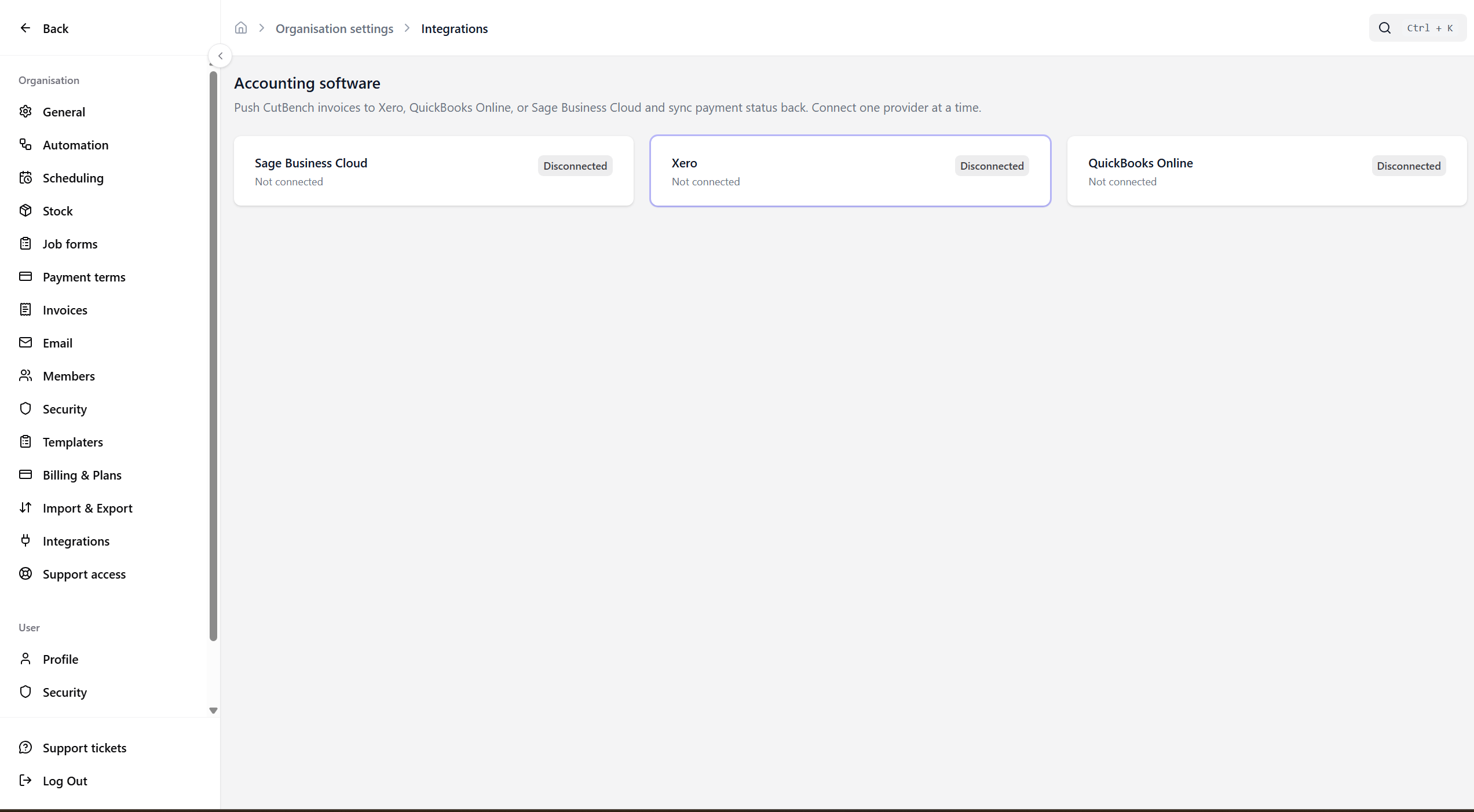 CutBench integrations settings for CounterGo, Xero, QuickBooks, Sage, and Google Calendar