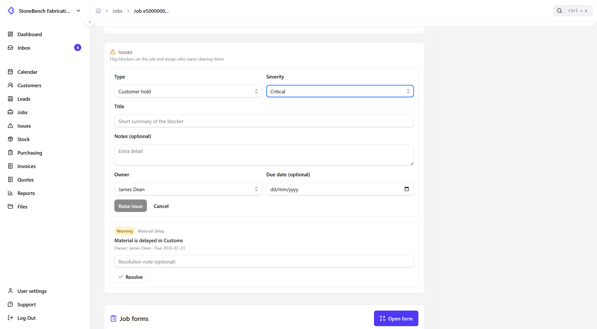 CutBench Issues board showing open job blockers by severity and owner