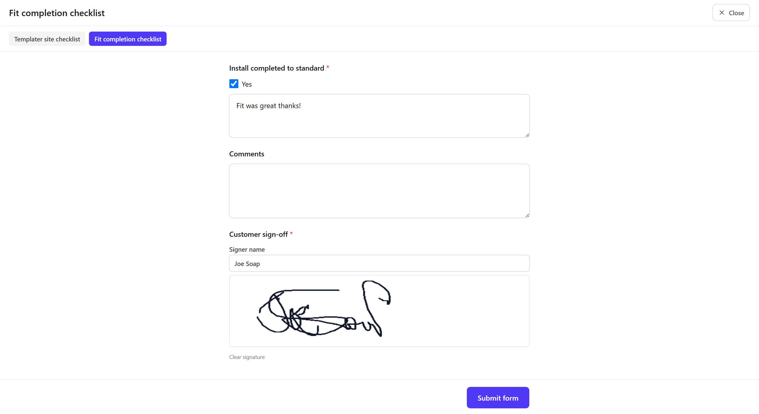 CutBench job form checklist with on-site signature on a phone or tablet