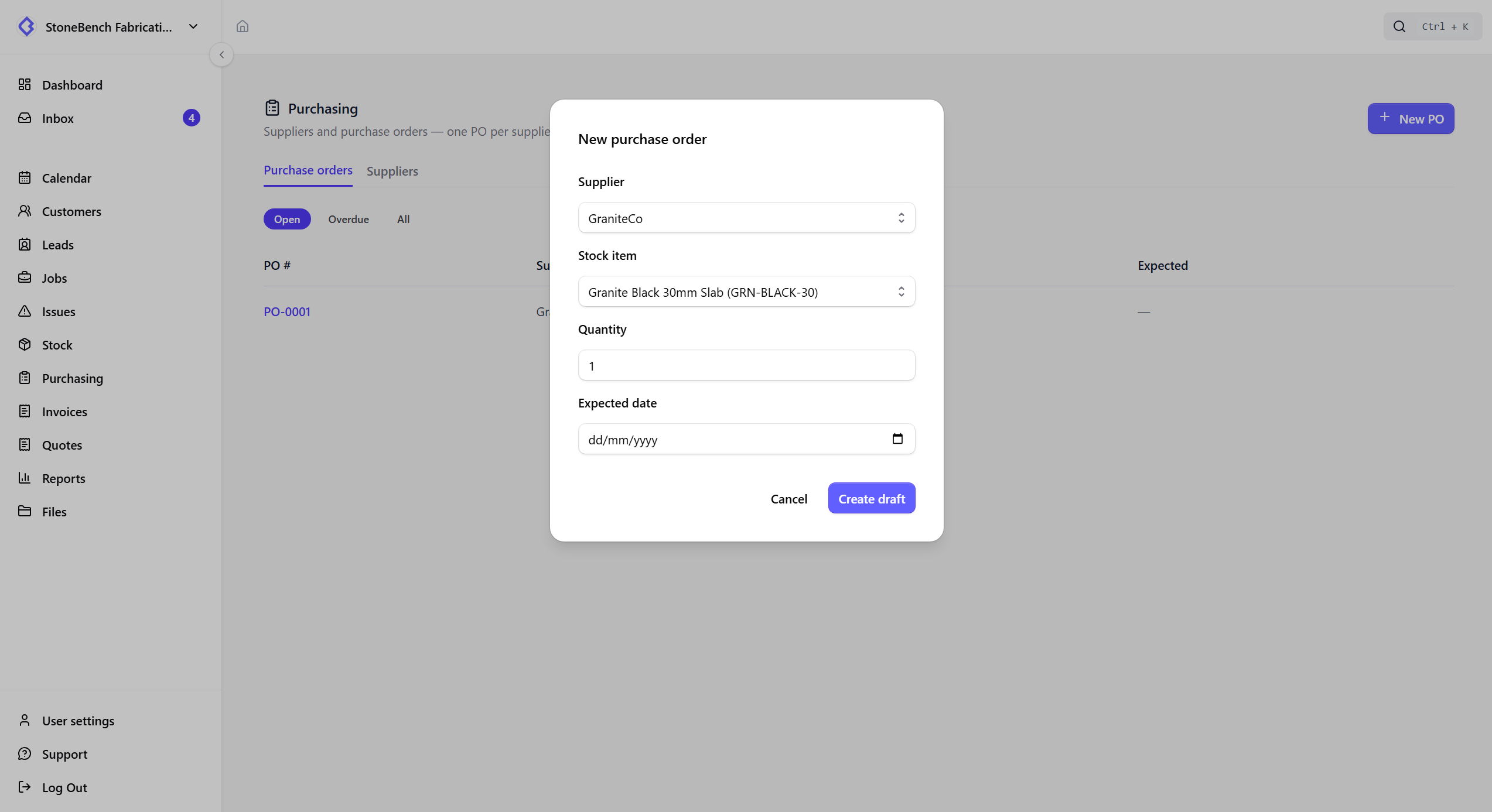 CutBench purchase orders list showing supplier orders and receive status