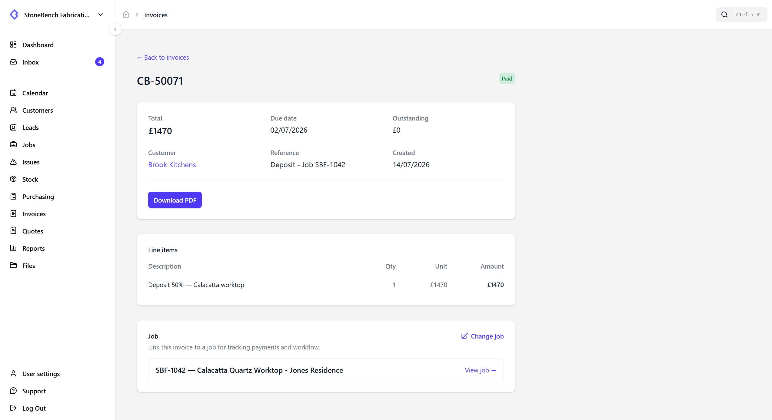 CutBench quoting screen showing quote lines, totals, and send options on a job