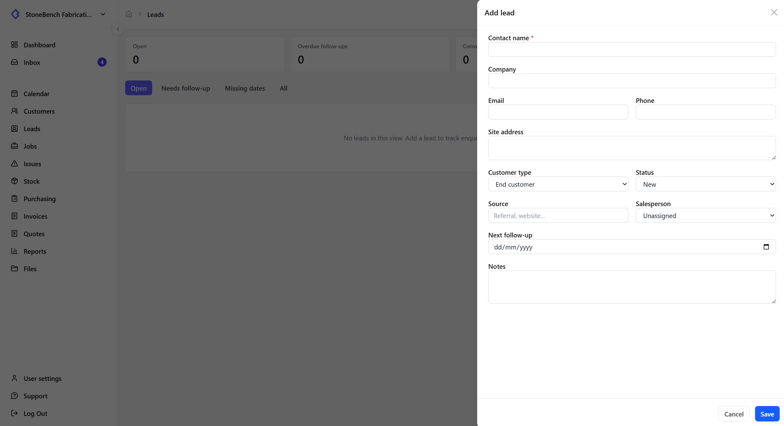 CutBench sales leads list with follow-up dates and lead status