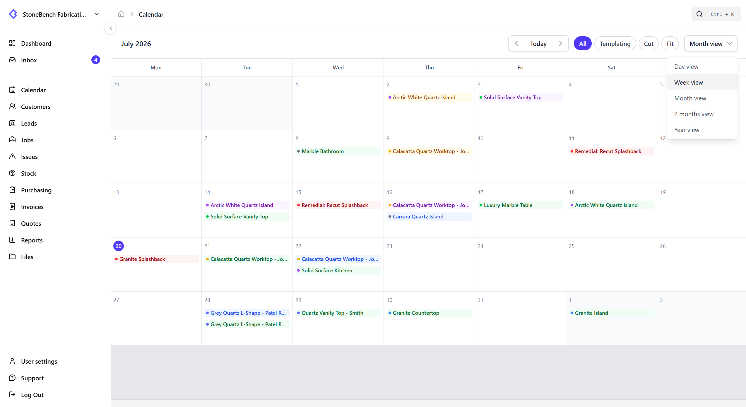 CutBench scheduling calendar showing template, cut, and install bookings across the week