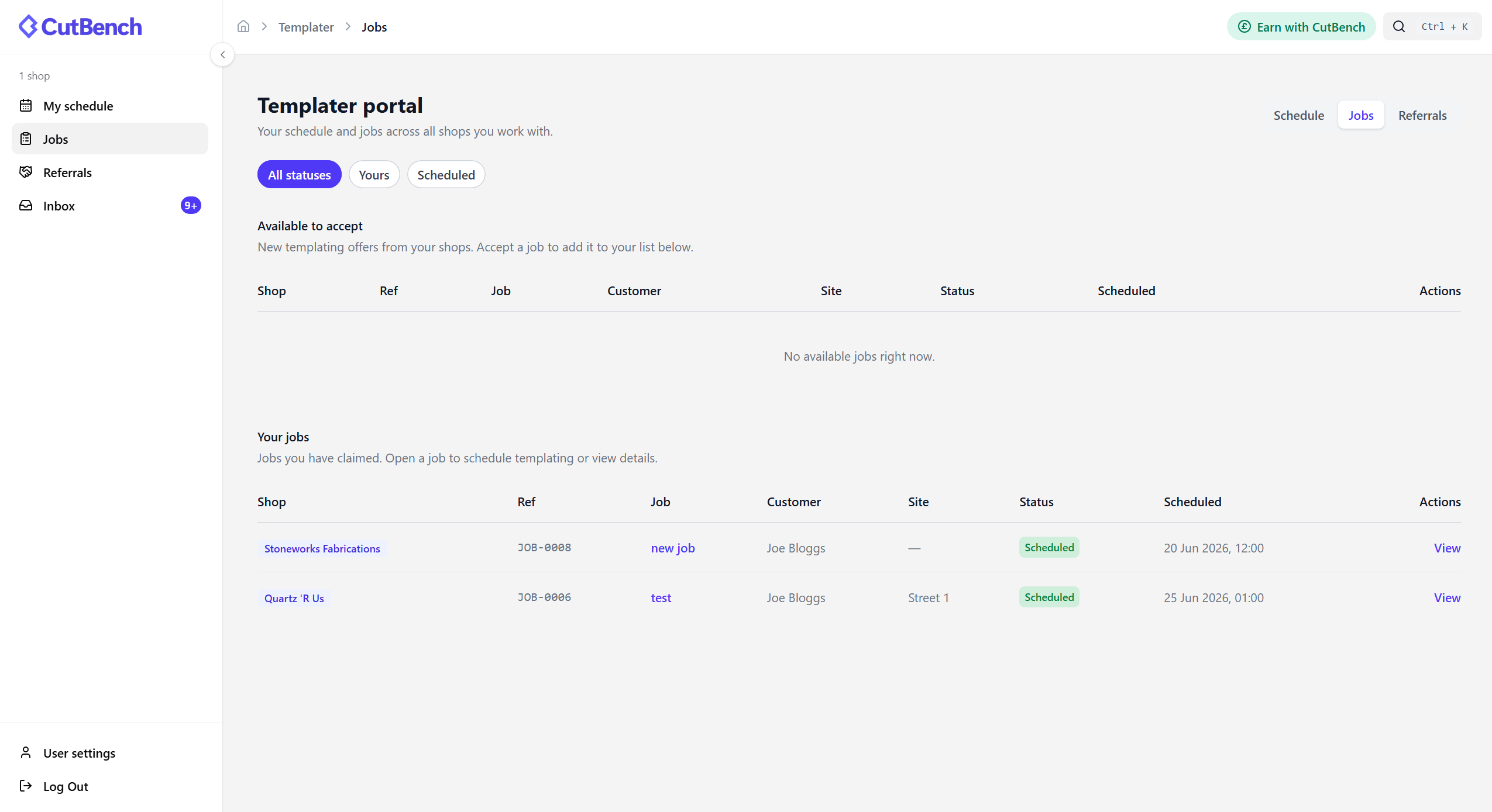 CutBench templater portal showing offered jobs to claim and schedule