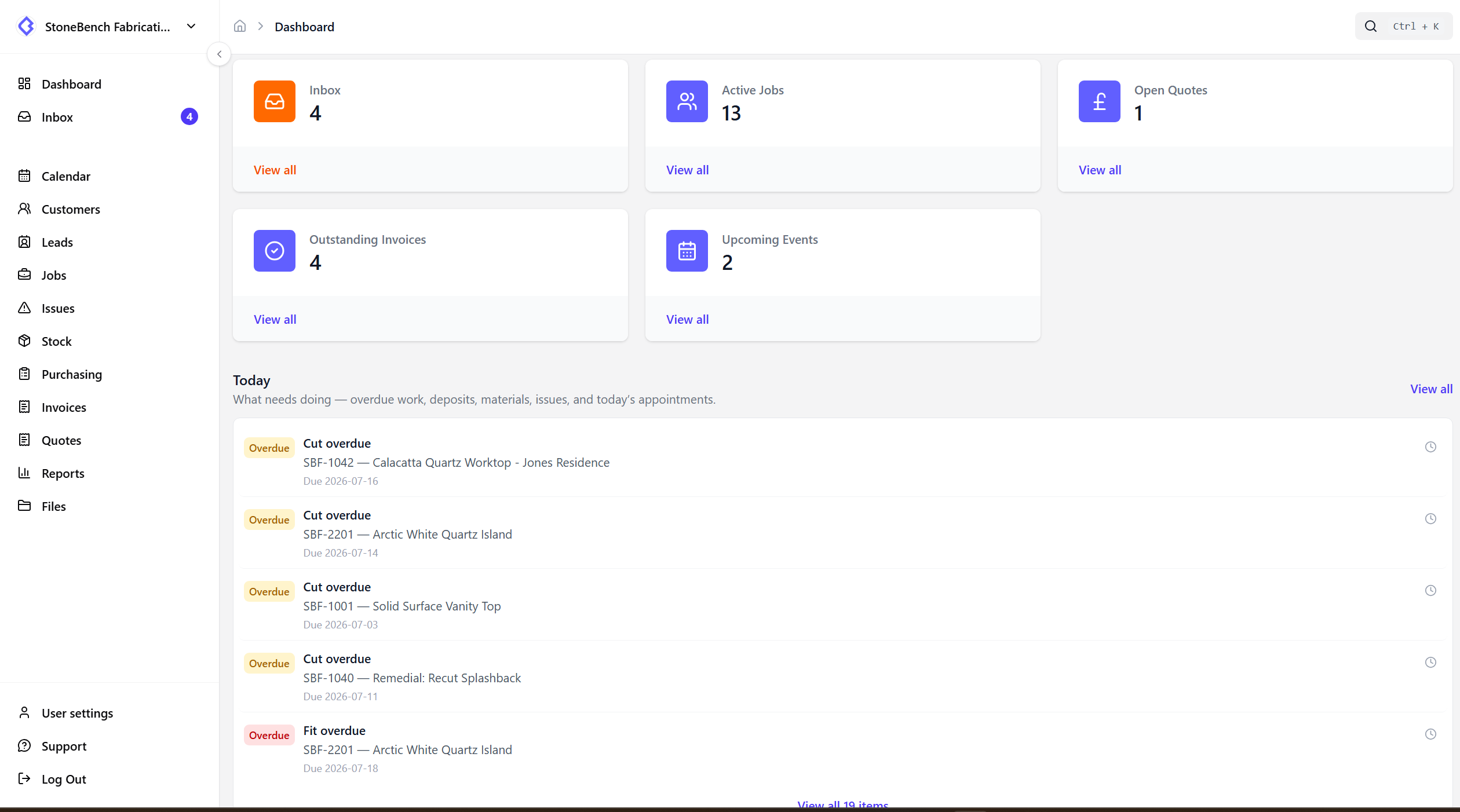 CutBench Today queue showing overdue work, deposits, materials, and issues